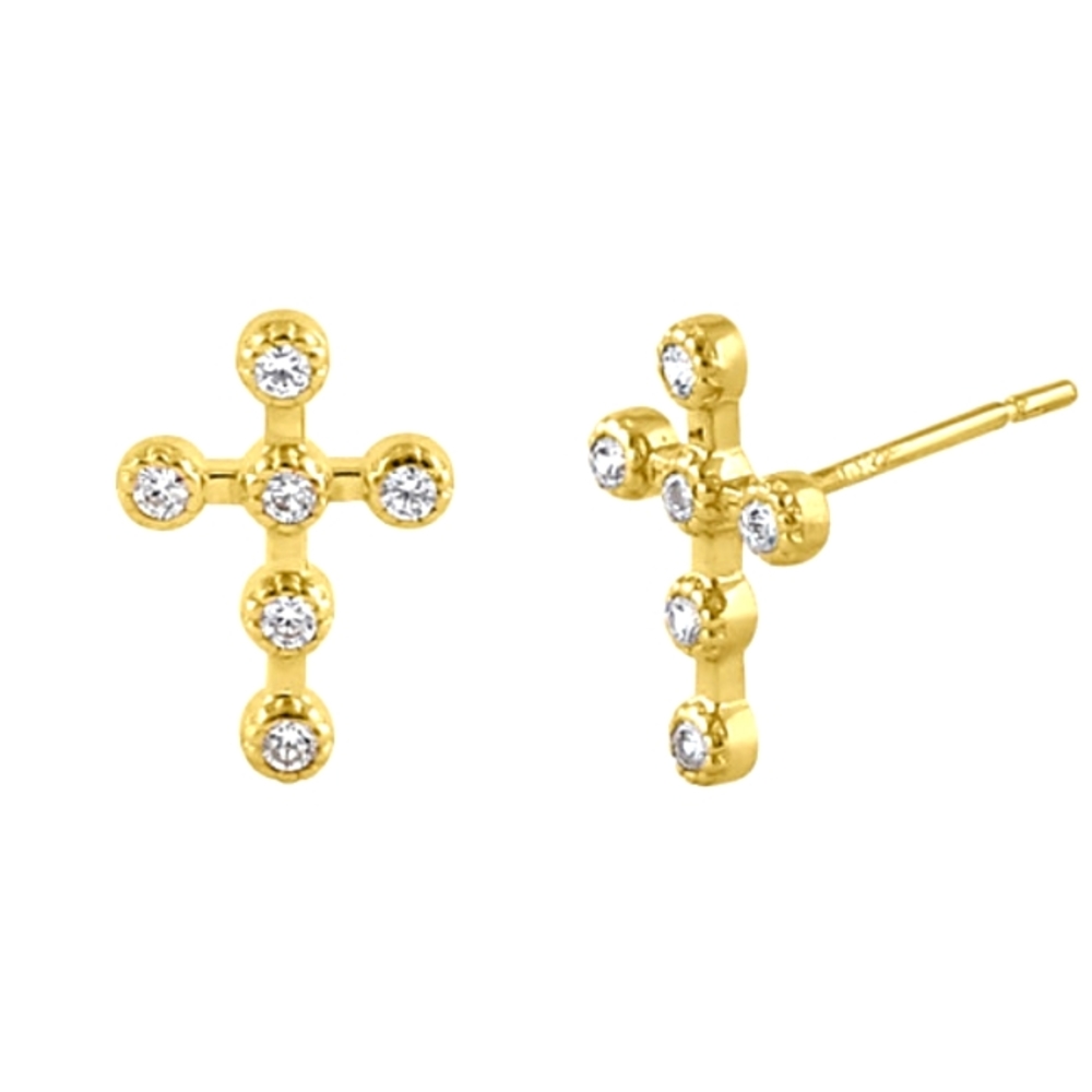 - Solid 14K Gold Bead Cross Diamond Earrings